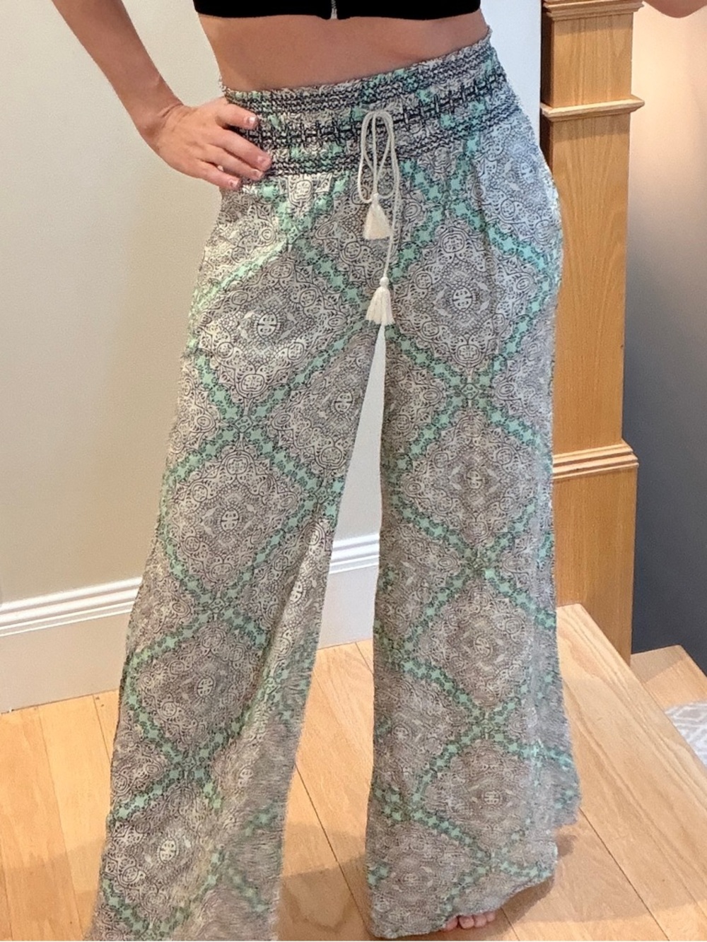 elevenses Mint & Gray Wide-Leg Printed Drawstring Pants